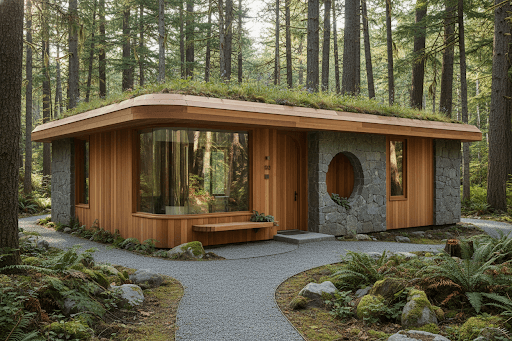Interior de cabaña con diseño minimalista, luz natural y vista al bosque